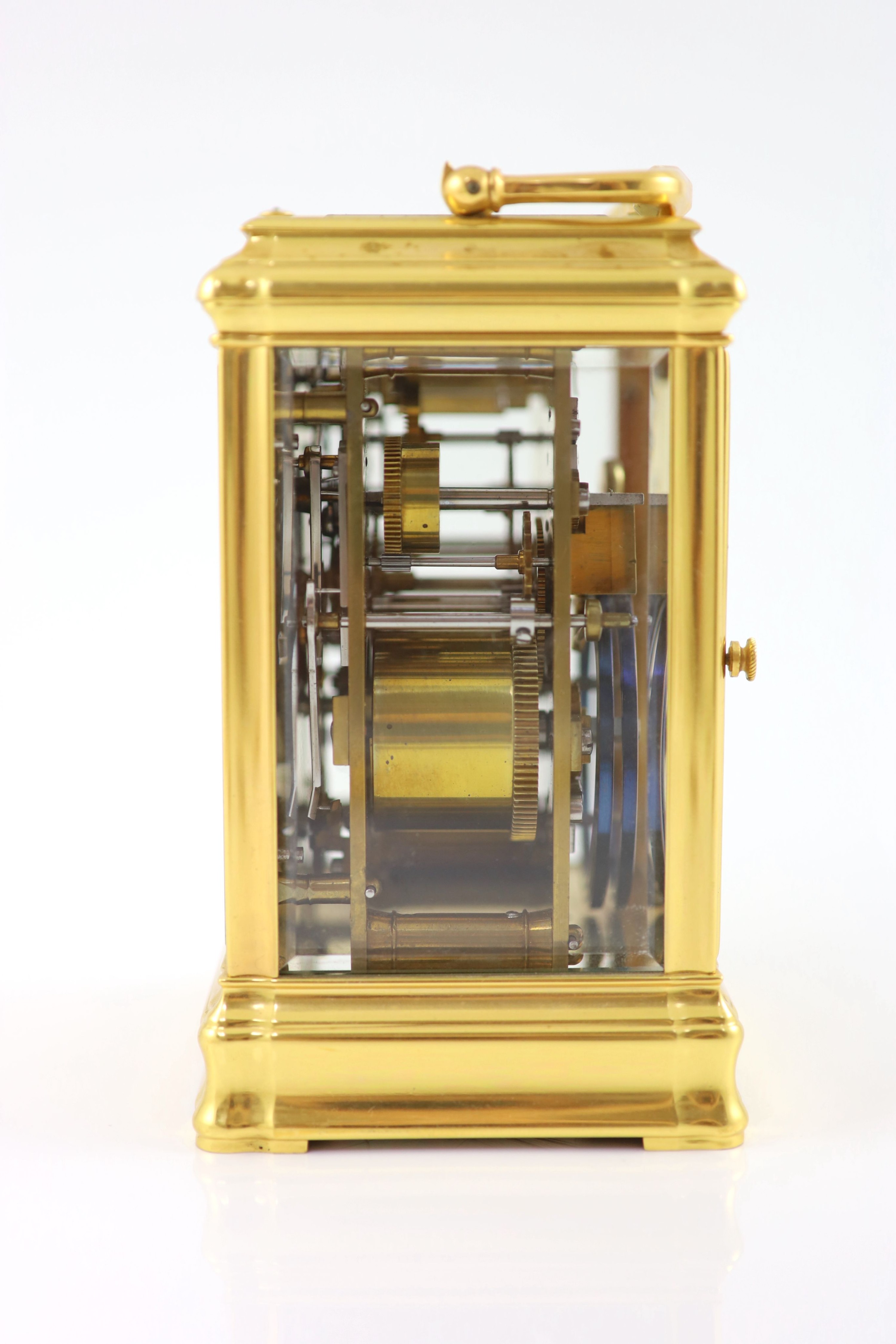 An early 20th century French quarter repeating Grand Sonnerie carriage alarum clock H 15cm. W 9.5cm. D 8.5cm.